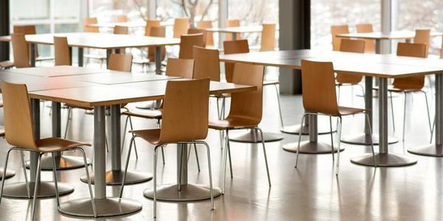 Interior of an empty canteen with modern tables and chairs lit by daylight through large view windows