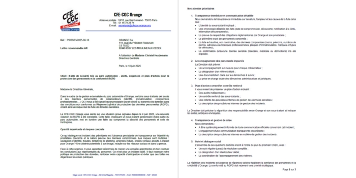 courrier direction orange faille securite parc automobile riques conformite rgpd cfe cgc juin 2025