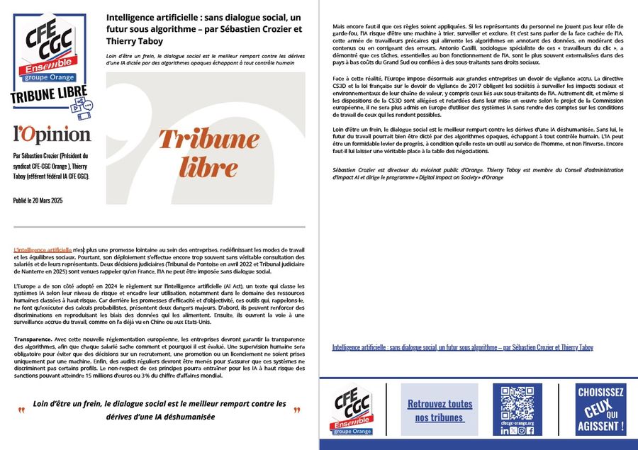 visuel tribune opinion ia dialogue social cfe cgc orange 2025