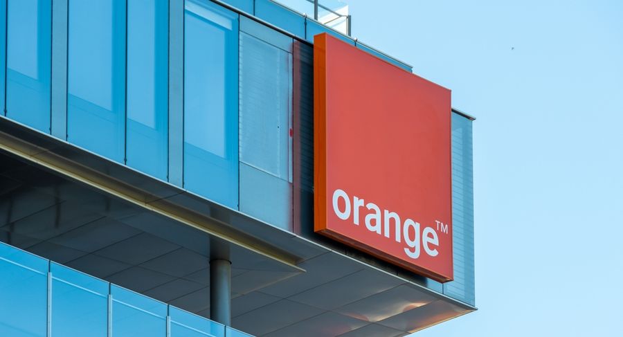 Issy-les-Moulineaux, France - June 6, 2021: Logo on the new headquarters building of Orange, French telecommunications company